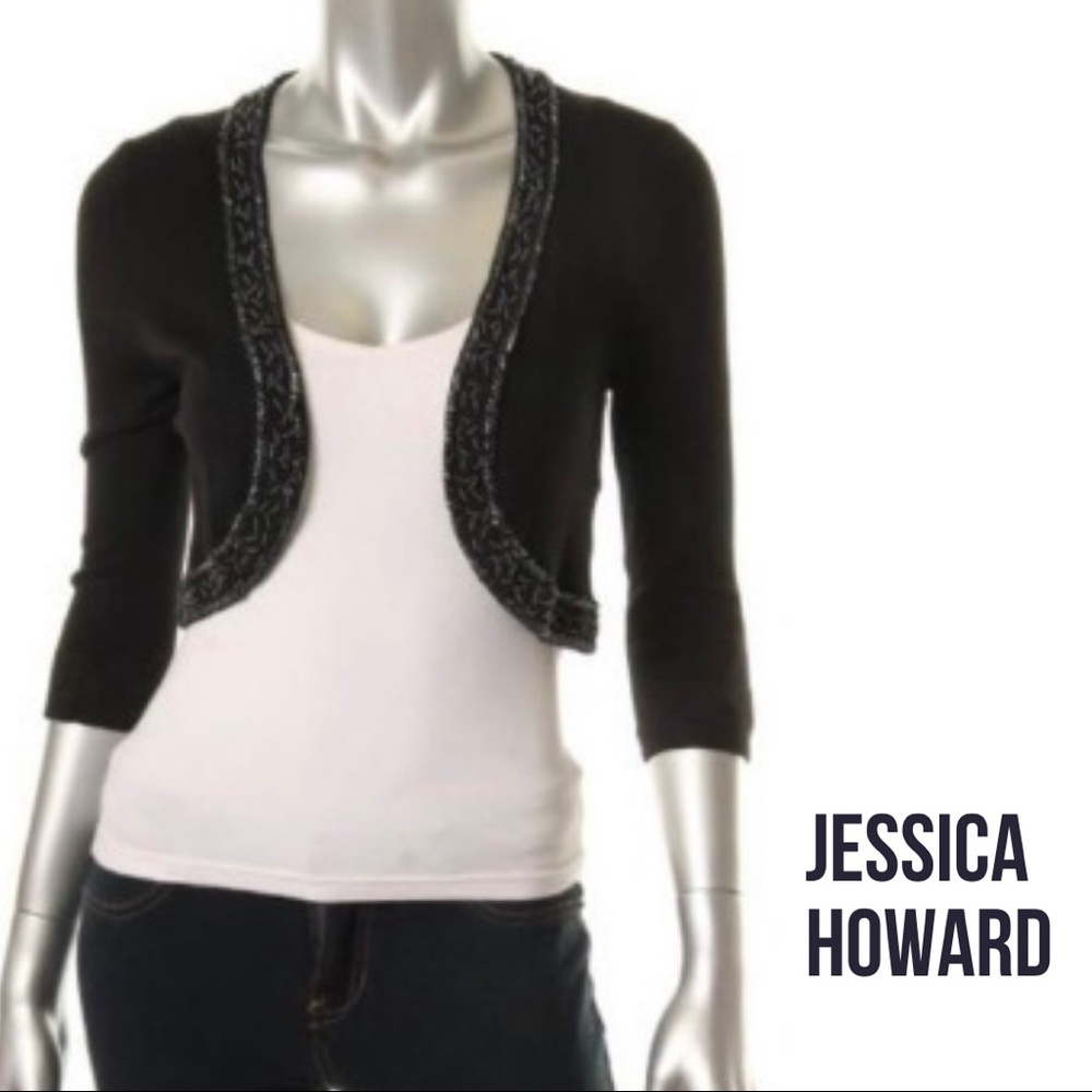 Jessica Howard NEW Black Embellished Cropped Cardigan Sweater Petites Large